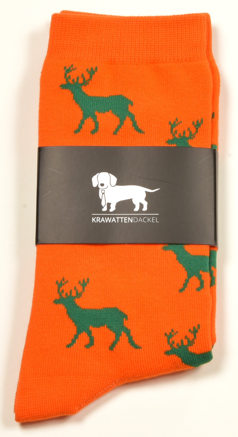 Krawattendackel Socken orange Hirsch grün  Herrenstrümpfe